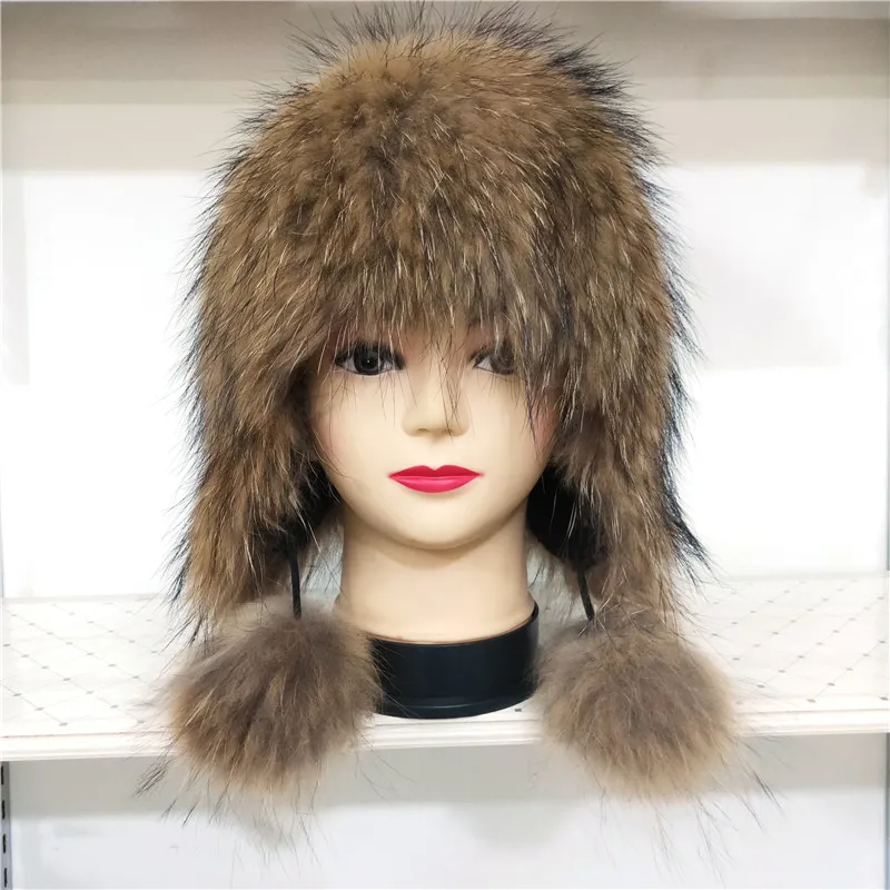 

Women Winter Hat Earflap Real Fox Fur Cap Warm Genuine Fur Caps With Earflaps Female Raccoon Fur Hat Russian Bomber Hats Ushanka
