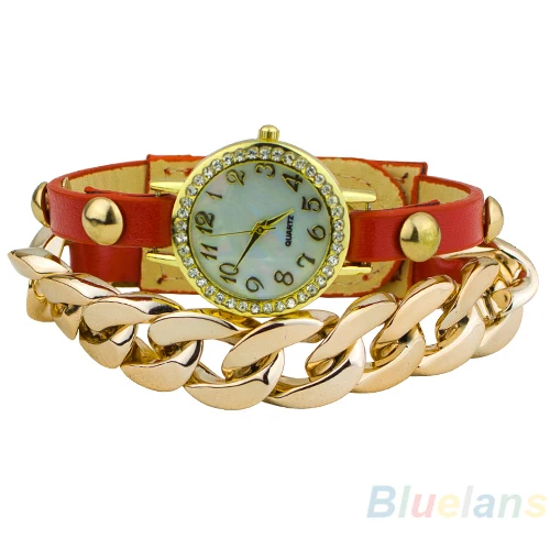 Womens Punk Style Multicolor Gold Plated leather Rhinestone Band Acrylic Chain Bracelet Dress Watch 03IG | Тематическая одежда и