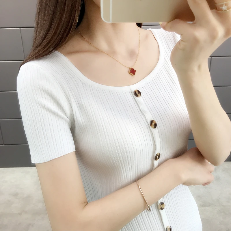 Новые летние с коротким рукавом ice-вязаный свитер Женская Круглый воротник и