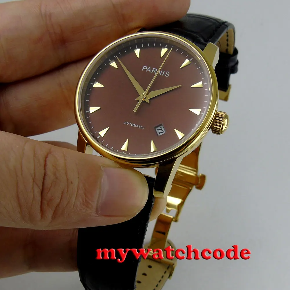 Автоматический мужской чехол с циферблатом 38 мм Parnis желтым и золотым покрытием