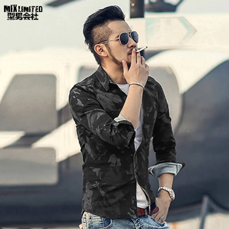 Новинка 2018 Мужская джинсовая Повседневная армейская черная камуфляжная рубашка