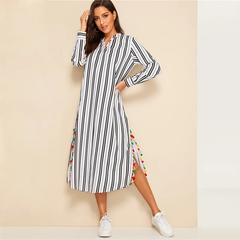 SHEIN Платье-туника в полоску с v-образным вырезом и кисточками сбоку, женское платье с длинным рукавом на весну и осень, черно-белое платье с v-образным вырезом