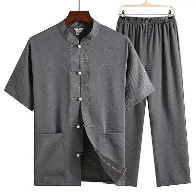 Dark grey suit Sheng Коко Для мужчин; униформа для тайцзи костюм для выступлений человек Стенд куртка с коротким рукавом костюм Pankou Mianma удобные китайский Комплекты одежды - Цвет: Dark grey suit
