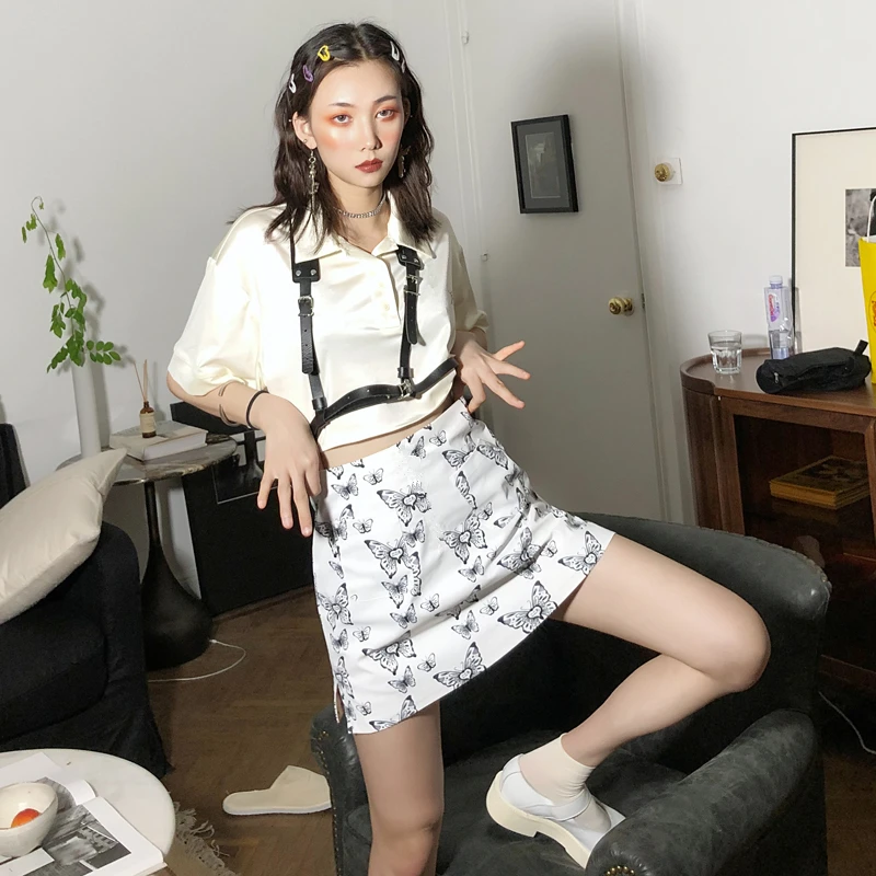Cute sweet retro butterfly print velvet white skirt split high waist skirt mini short skrit