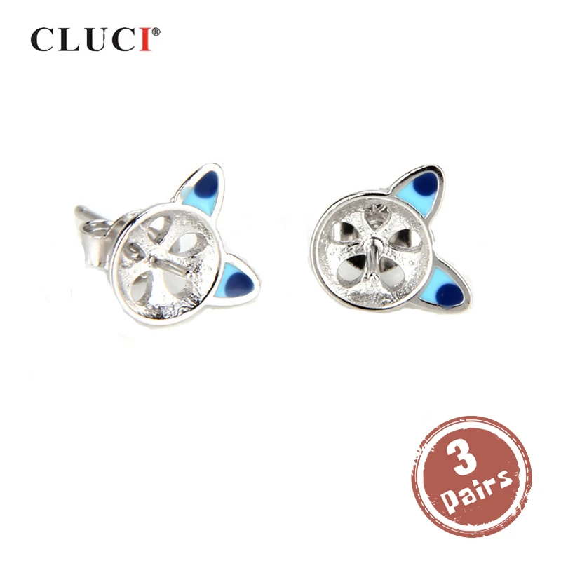 

CLUCI 3 pair wholesale 925 Sterling Silver Blue Cat Ears Stud Earrings Pearl Mounting For Women Earrings Jewelry Making SE045SB