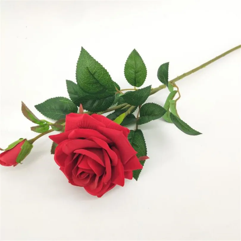 

Artificial Red Rose Stems Fake 60cm Rose with Green Leaf & Rose Bud for Bridal Bouquet Wedding centerpieces Table Decoration