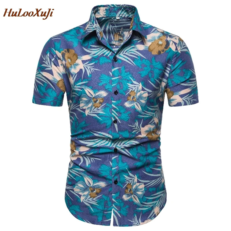 HuLooXuJi Men Summer Sets Fashion Blue Flower Printed Short Sleeve Shirts +Shorts Two Piece Set Tracksuits US Size:S-2XL | Мужская