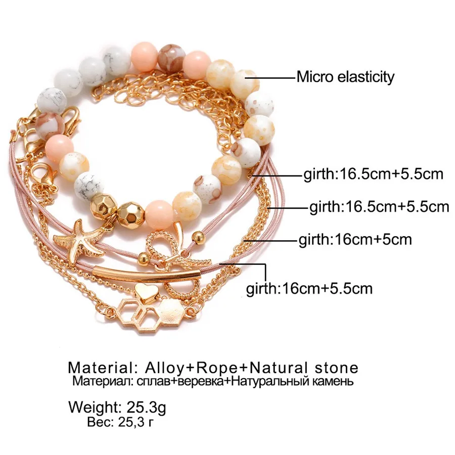 Pulseras Mujer богемные браслеты для женщин розовый камень Tiney Bowknot звезда геометрические эффектные женские