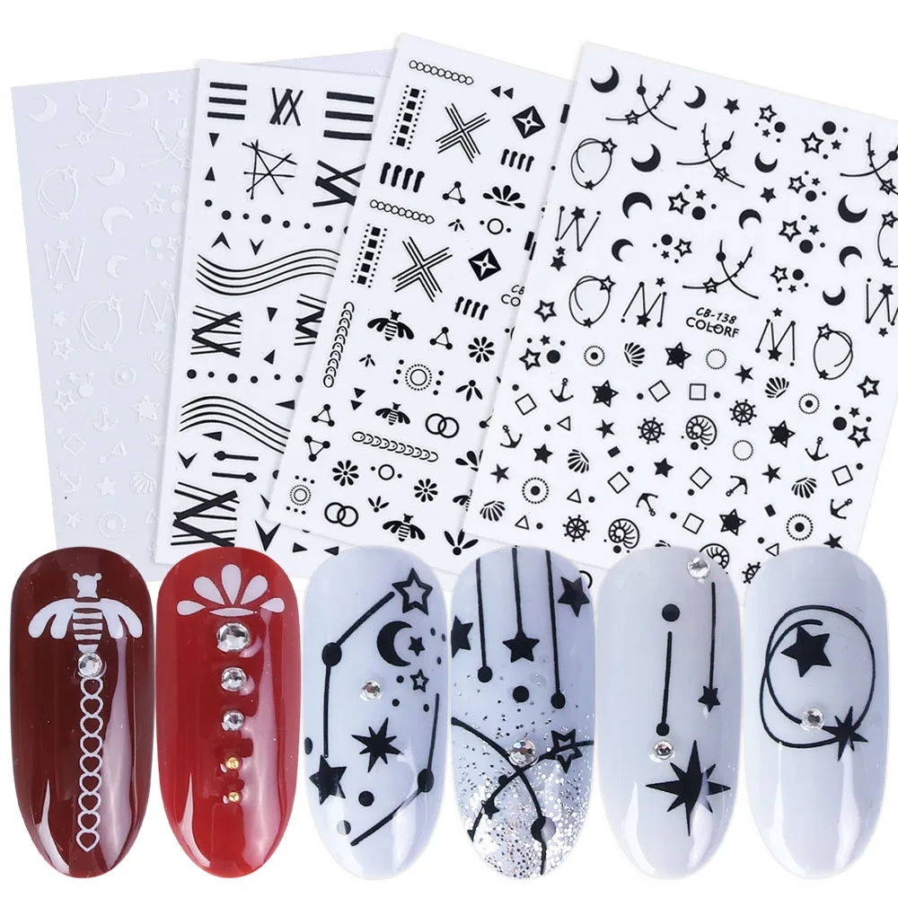 1 шт. черно белая звезда 3D стикер для ногтей кривая полоса линия клейкая фольга