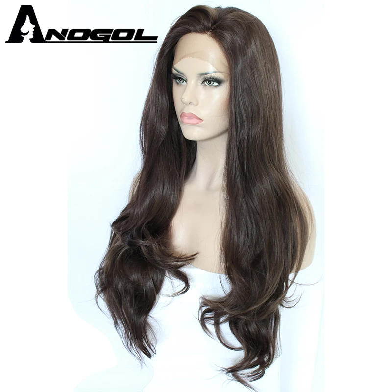 Anogol длинные натуральные волнистые черные коричневые синтетические кружевные передние парики боковая часть бесклеевые высокотемпературные волоконные волосы парики для тащить королеву