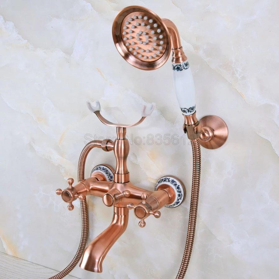 

Antique Red Copper Bathtub Faucets Telephone Style Tub Mixer Taps Dual Handle Bathroom Bath Shower Faucet with Handshower tna362
