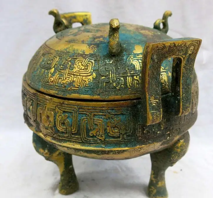 Китайский Старый бронзовый позолоченный горшок скульптура тонкая птичка три