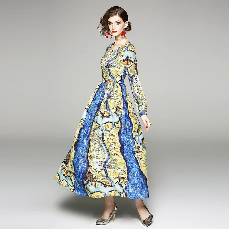 Винтаж дамы модные вечерние платье с длинными рукавами и круглым вырезом женское