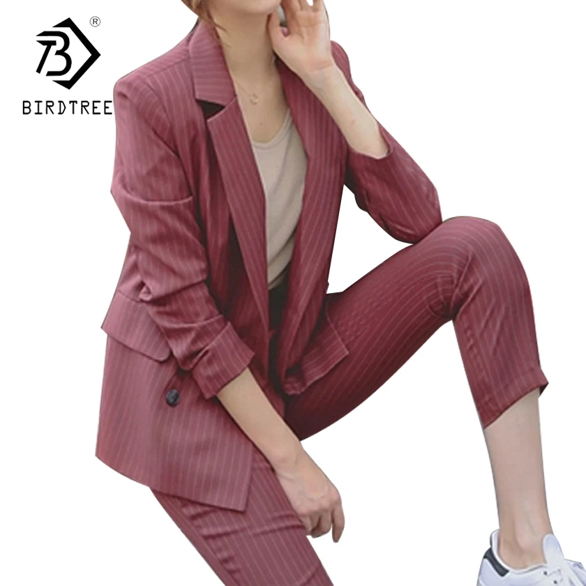 

Double Breasted Striped Blazer Jacket & Zipper Pant Work Pants Suits 2 Piece Sets Office Lady Suits Women Outfits Autumn S7D323L