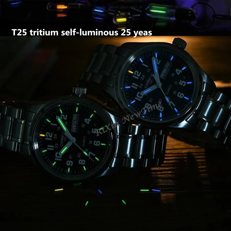 T25Carnival Тритий Светящиеся двойной календарь военные кварцевые часы мужские роскошные Брендовые Часы водонепроницаемые часы relogio erkek saati
