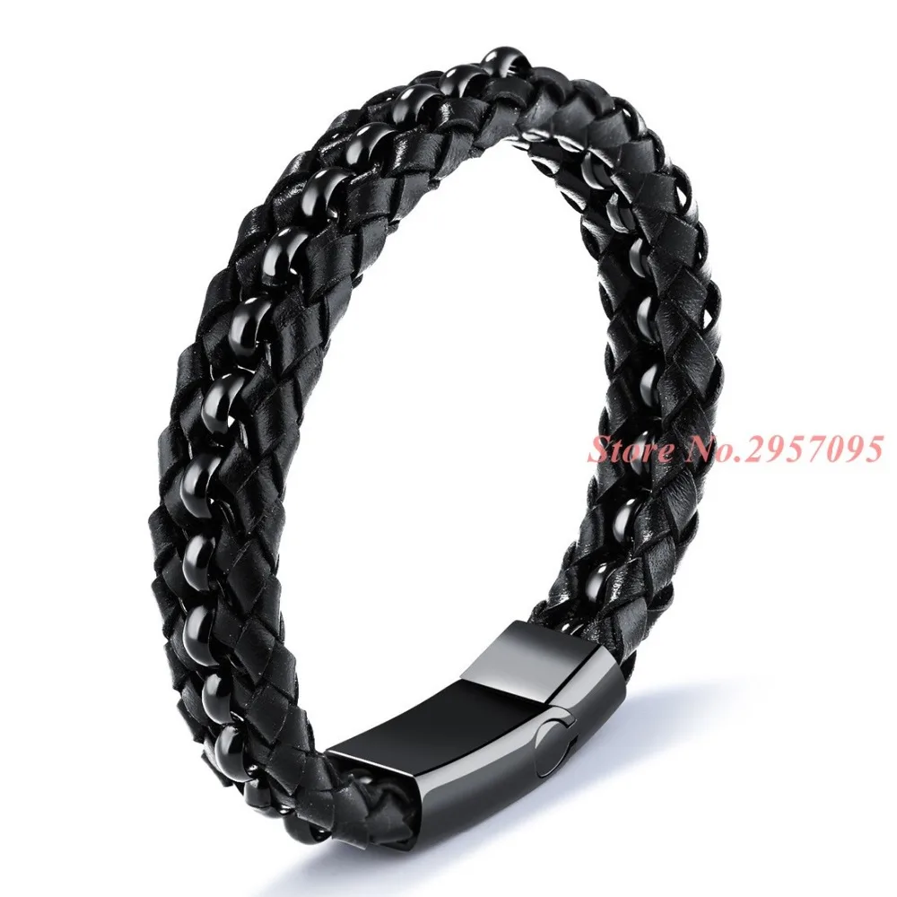 Genuine Leather Braided Mens Bracelets Bangles Highly Polished Black Stainless Steel Magnetic Best Friend Gift | Украшения и