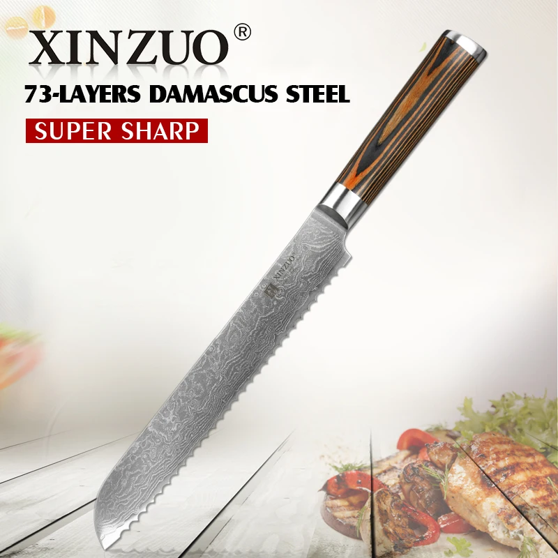 XINZUO 8 &quotдюйма хлеб ножи дамаск Кухня зубчатые Ножи чётко японский VG10 торт Пособия