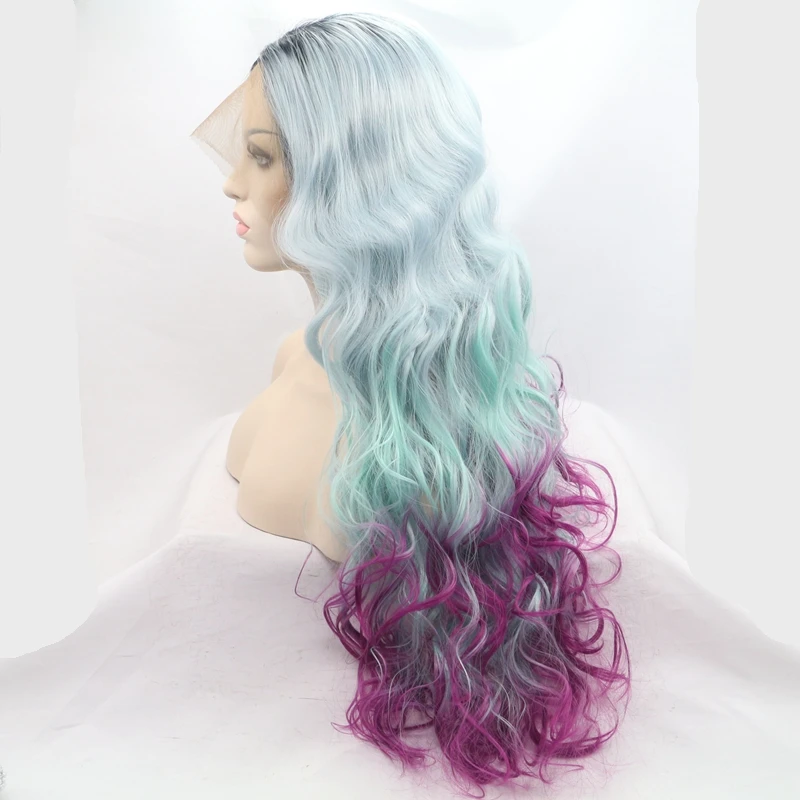 Кайли Дженнер черный синий фиолетовый объемная волна синтетический парик фронта