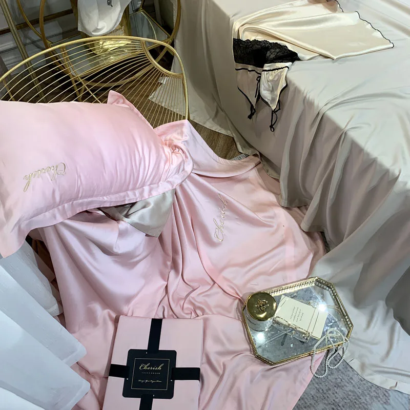 Белый фиолетовый розовый серый роскошный удобный 100S Tencel Шелковый набор постельного белья с вышивкой пододеяльник кровать застежки для простыни льняной чехол для подушки