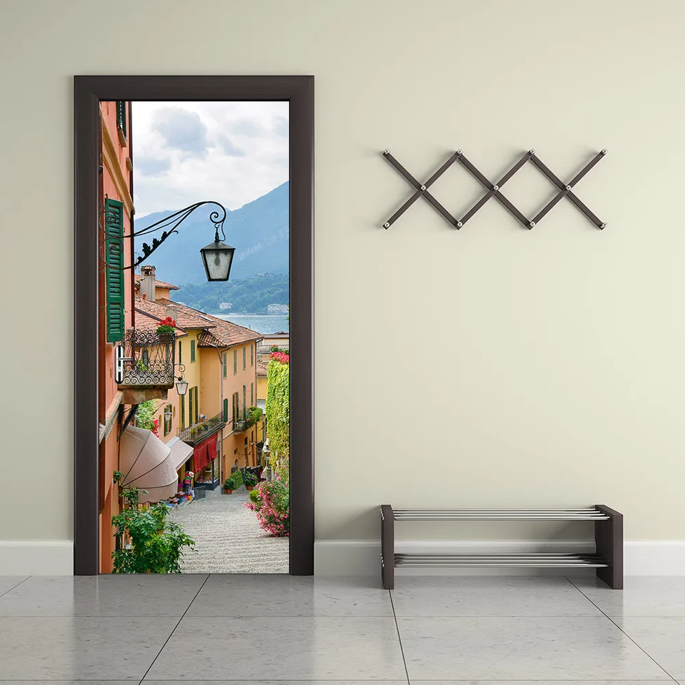Красивые наклейки на двери с изображением итальянского озера комато городской