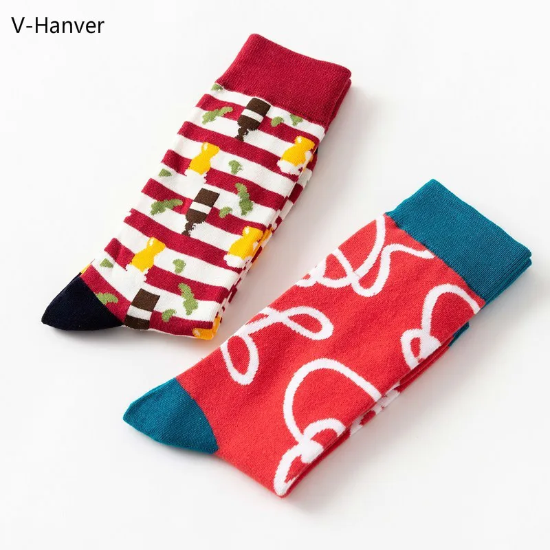 V-Hanver, мужские носки, хлопковые носки с забавными зубами акулы, много цветов, мужские полосатые зимние модные носки, набор компрессионных художественных носков с принтом