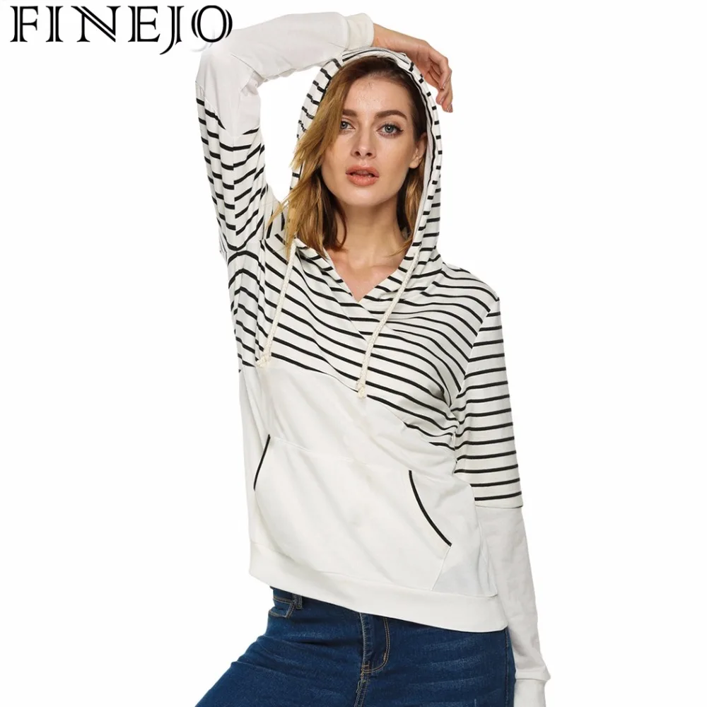 FINEJO Модные женские полосатые толстовки с капюшоном вязаные Лоскутные длинным