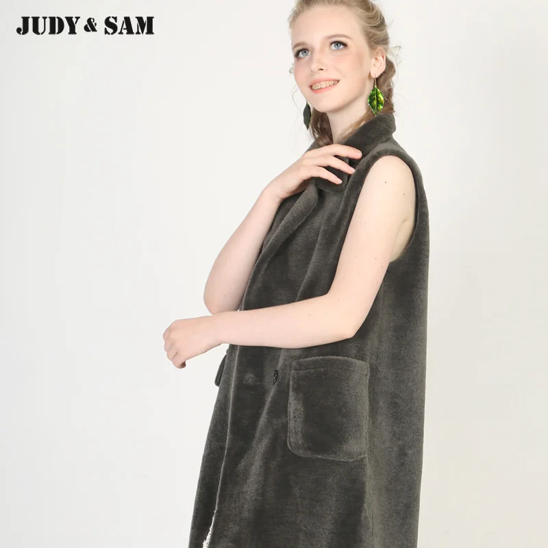 Женская Новая меховая жилетка длинная стильная натуральная оторочка из овечьей