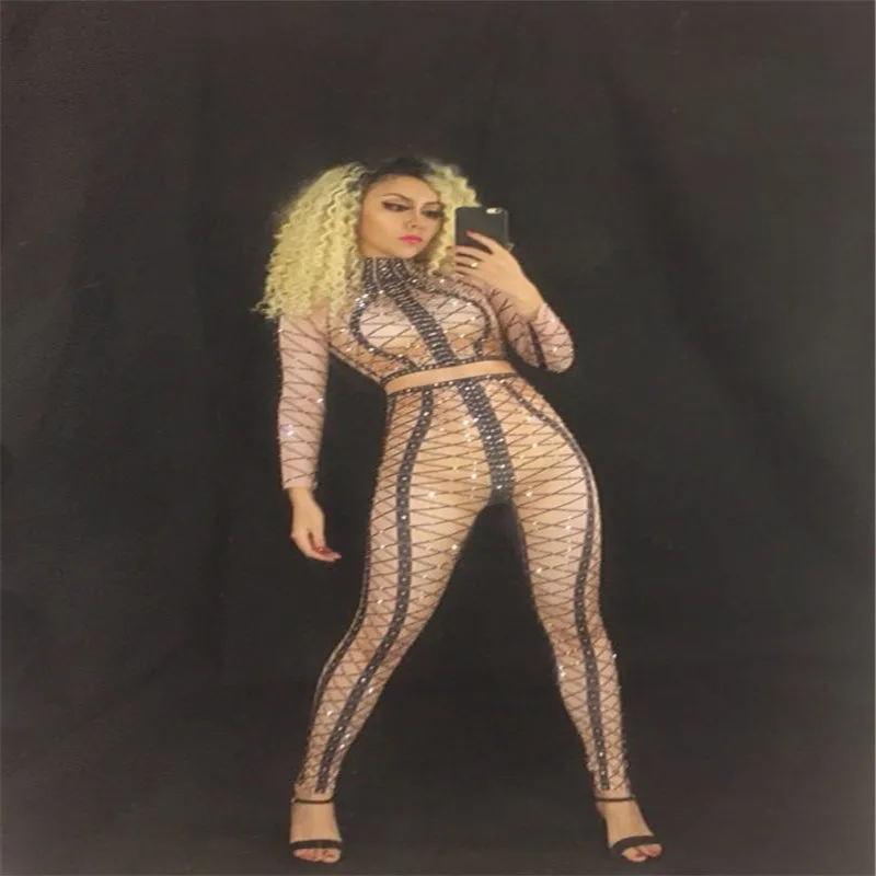 

F42 Ballroom dance Costume Nude bandage jumpsuit models bodysuit sexy dj wears stage show bar singer Crystals bodysuit Siamese