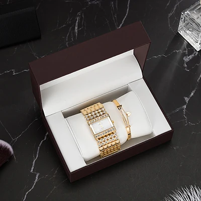 gold 3 шт., высококачественные часы, браслет из нержавеющей стали, модные женские Стразы, квадратный чехол для часов, Подарочная коробка для часов, Набор браслетов - Цвет: gold