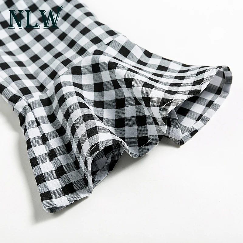 NLW модное женское платье с расклешенными рукавами открытыми плечами в клетку