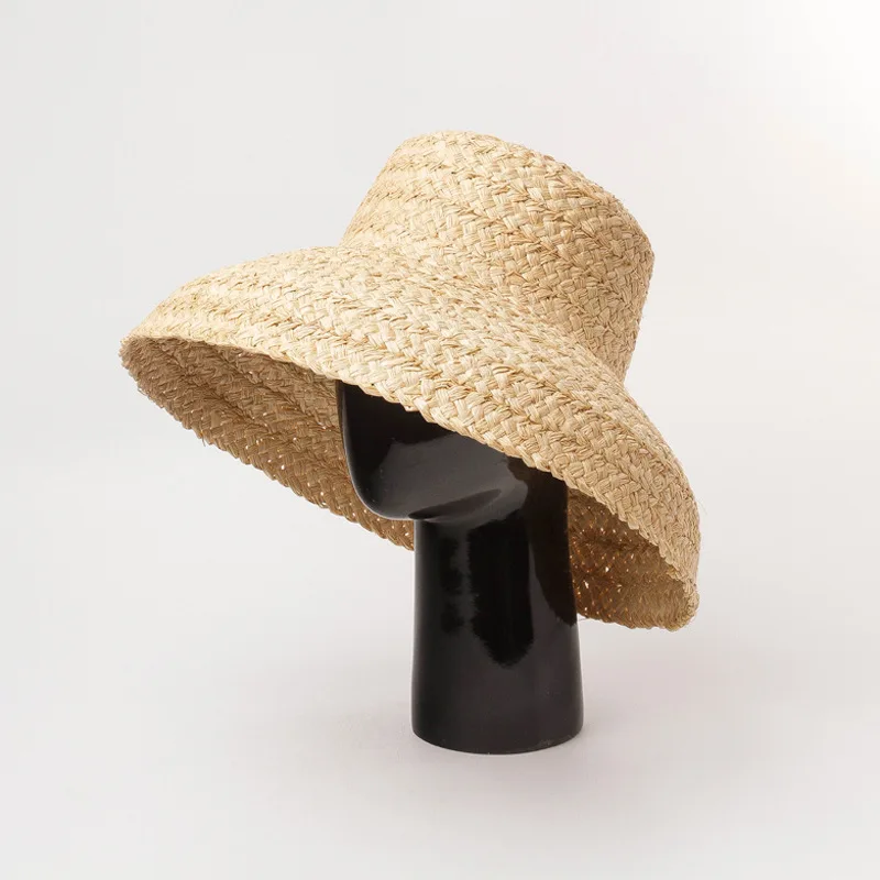 01904-HH7330  Handmade raffia weaving Hepburn style  Lampshade shape lady flat bucket  hat Outdoor women holiday beach  cap