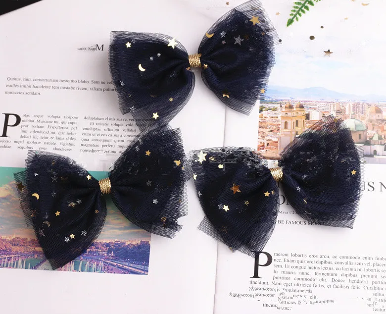 1Pc Black Кружевные заколки для волос принцессы с блестящими звездами, заколки для девочек, блестящие банты для волос, модные детские головные уборы, аксессуары для волос - Цвет: 1Pc Black