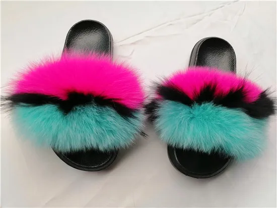 COOLSA Hot Women's Striped Plush Fur Slippers Super Fluffy Furry Fox Fur Slides Travel Quick Drying Beach Flip Flops Plus Size - Цвет: as picture shows