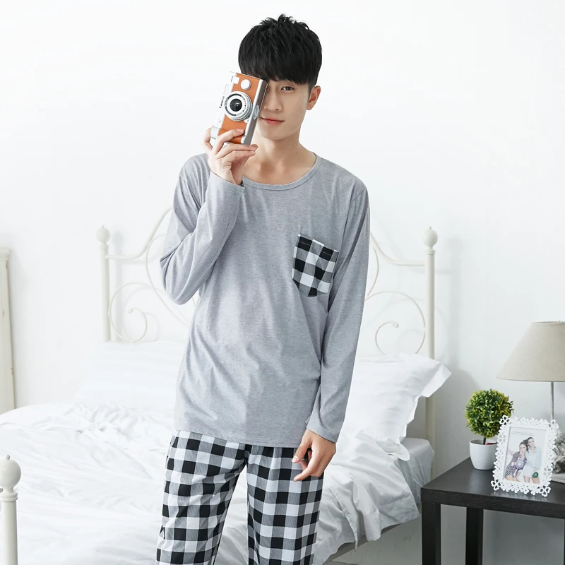 2019 осень и зима любителей пижамы весна плед простой мужской с длинными рукавами