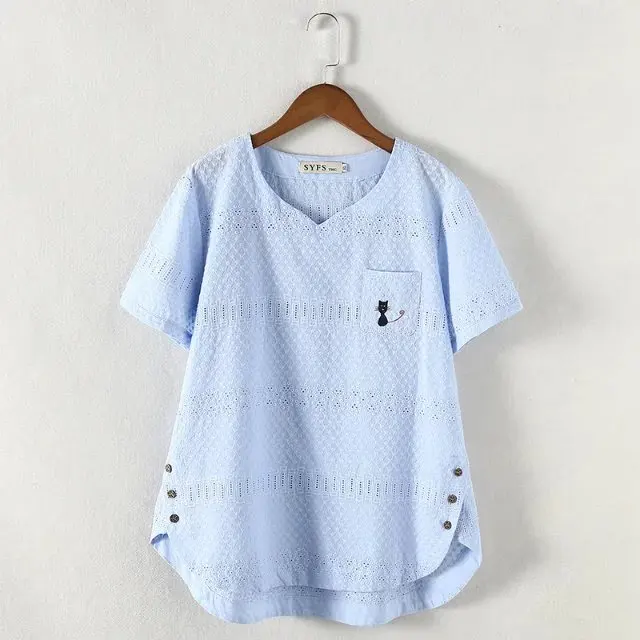 2021 Летняя женская Свободная тонкая хлопковая рубашка размера плюс с вышивкой