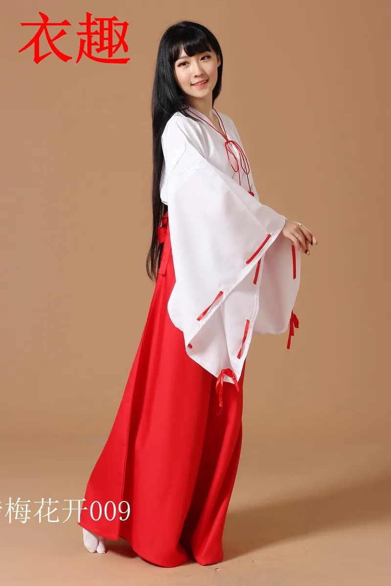 Популярный аниме Inuyasha Cos Kikyou косплей кимоно для Хэллоуина Miko одежда полный комплект 5в1(топ+ штаны+ ремень+ бант+ красная лента
