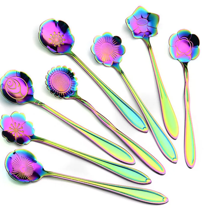 Multicolor JINJIAN,, 8 шт., Радужный столовый набор из нержавеющей стали, кофейный набор, 7 цветов на выбор, мороженое, десерт, чай, столовые приборы - Цвет: Multicolor