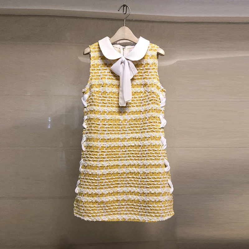 Женское твидовое платье HAMALIEL желтое клетчатое в стиле пэчворк с бантом и