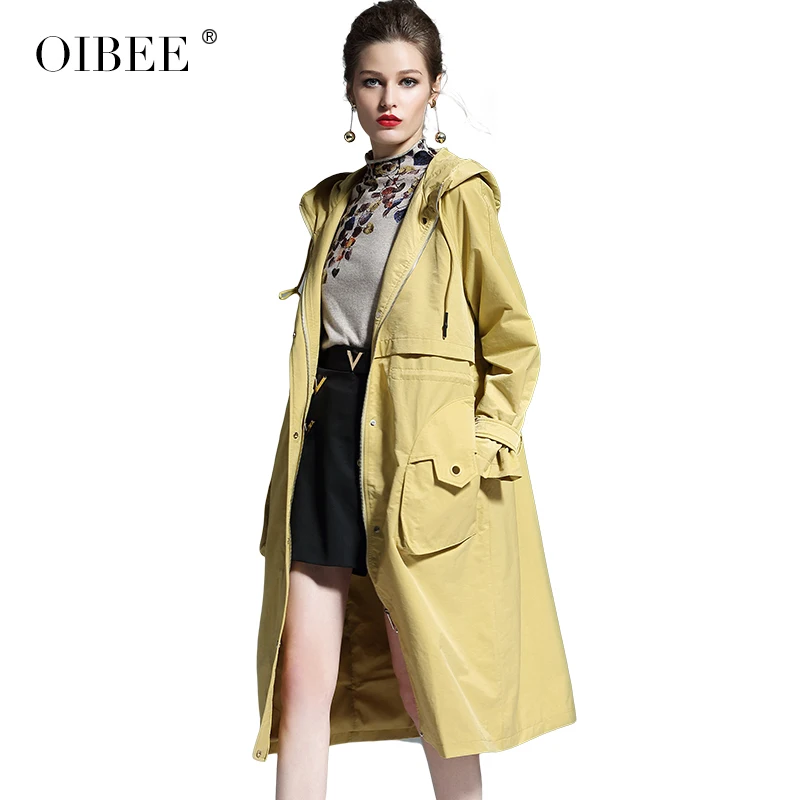 OIBEE2018 Женская длинная Весенняя Новая ветровка модная с капюшоном выше колена Повседневная Длинная женская куртка-ветровка