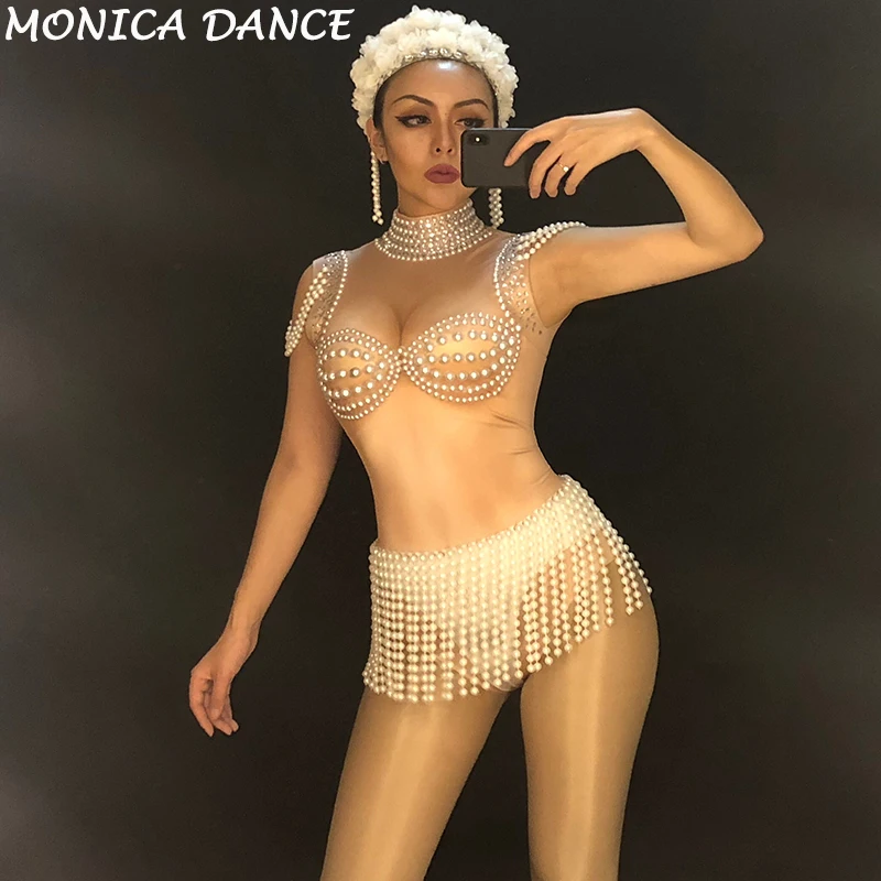 Women Sexy Stage Skin Color Bodysuit Sleeveless Sparkling Crystals Pearls Jumpsuit Nightclub Party Stage Wear Dance Costumes