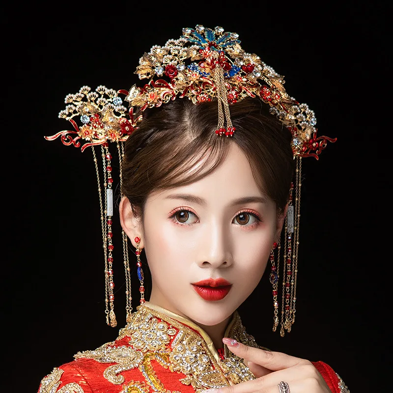 

JaneVini Luxury Chinese Red Phoenix Crown Bridal Headdress Earrings Ancient Hairpins Gold Tassels Bride Wedding Hair Accessories