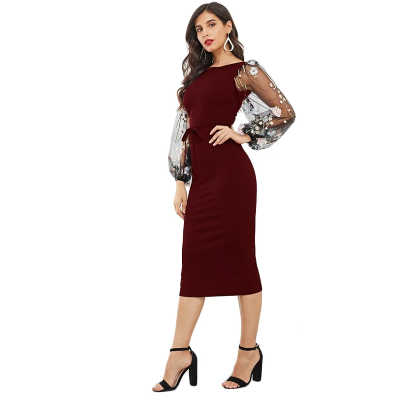 SHEIN черное платье-карандаш с аппликацией и вышитыми сетчатыми рукавами, женские осенние элегантные повседневные платья-карандаш с вырезом лодочкой