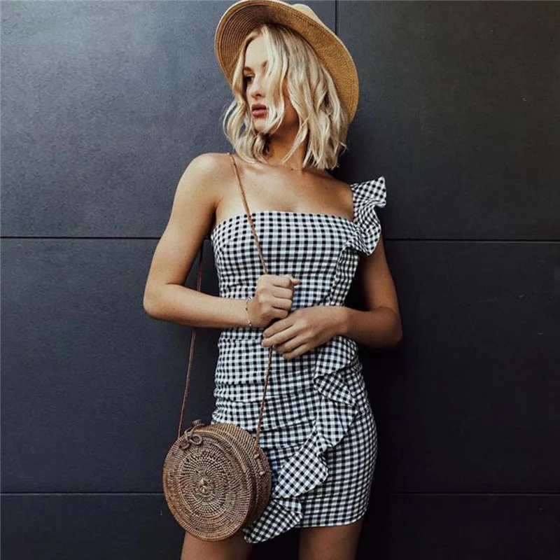

2019 New Strapless Spaghetti Strap Sheath Dresses Fashion Ruffles Plaid Sexy Above Knee Mini Party Dinner Dresses