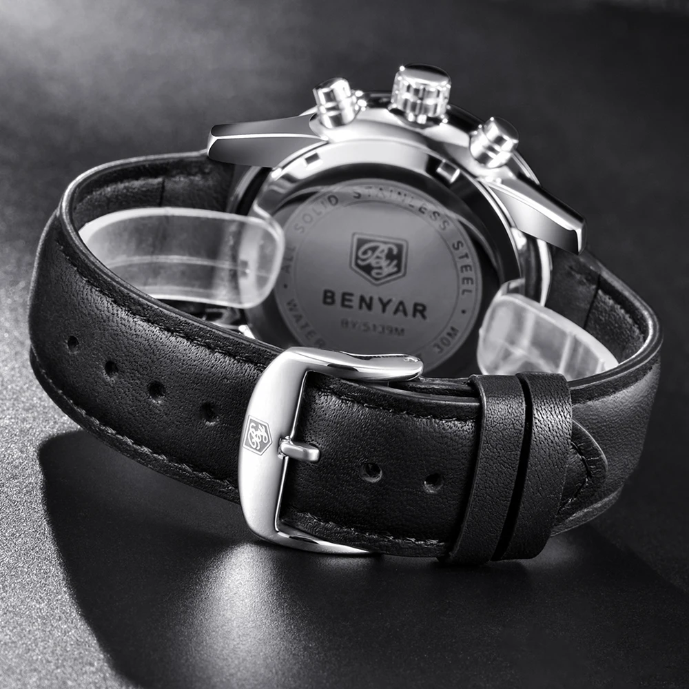 

Benyar Men's Quartz Stainless Steel and Leather Chronograph Watch Roman numerals Wrist Watches