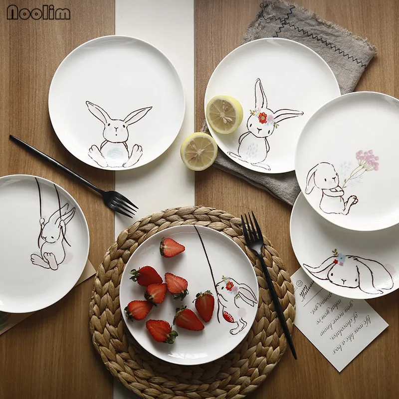 NOOLIM 1PC 8 inch Ceramic Dinner Plate Rabbit Animal Dinner Dishes Pasta Steak Dessert Plates Fine Bone China Kitchenware