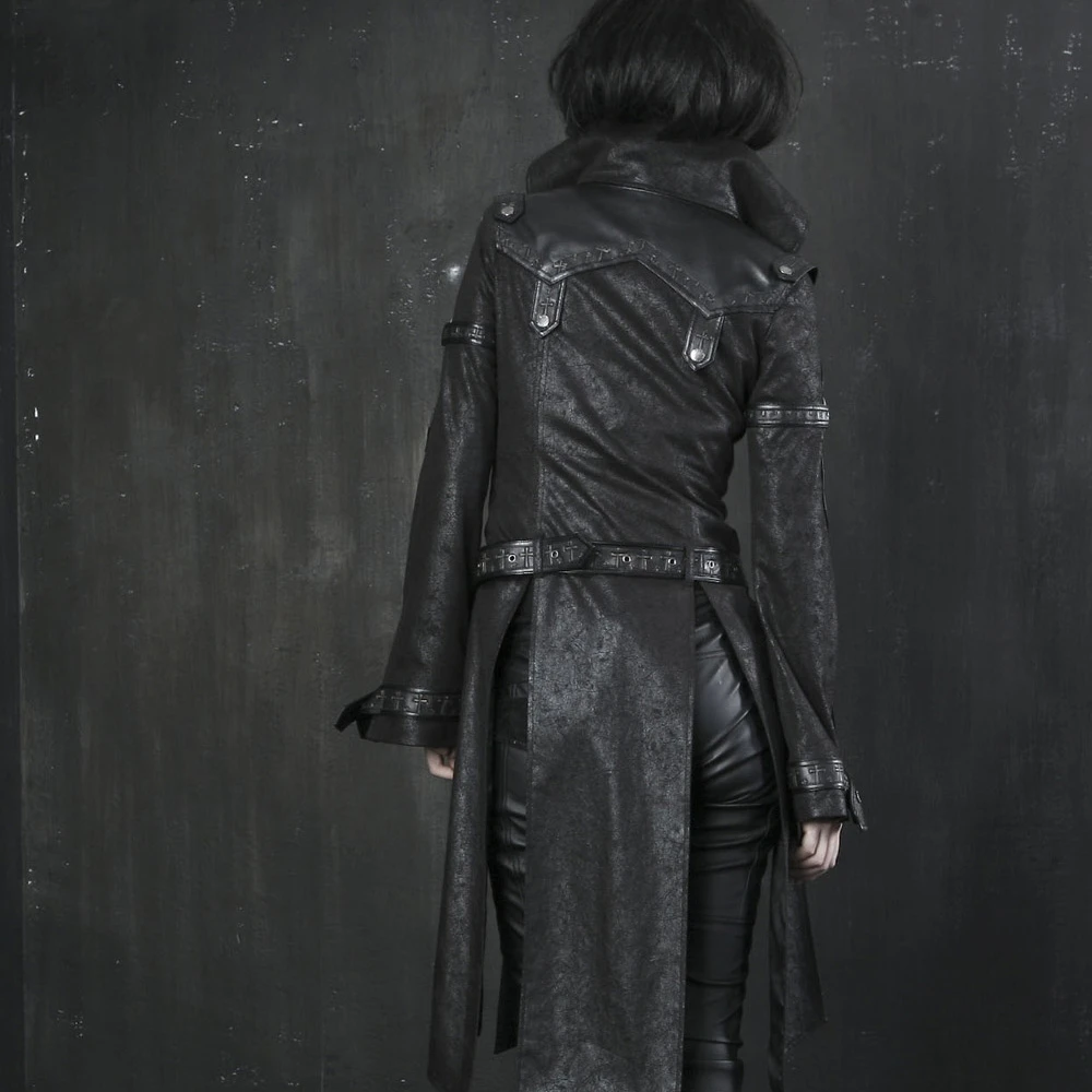 

Gothic Cross Leather Long Trench Coat Punk Patchwork Red Women Jacket Stand-collar Winter Wind Coats