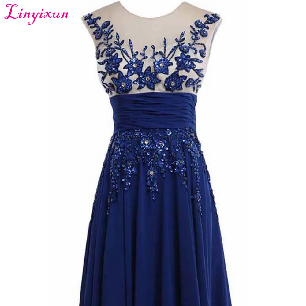 Linyixun настоящая фотография Королевский синий корсет шифоновые платья для
