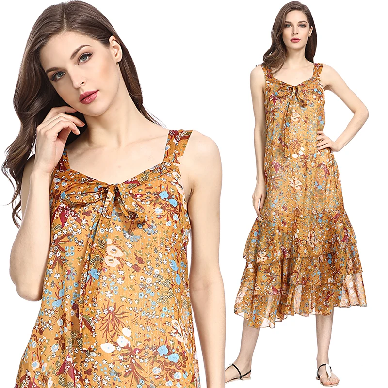 

17zq 2018 Summer New Dresses Women's Bohemian Floral Beach Dress Bow Cascading Flounce Print Sleeveless Casual Dress D7606