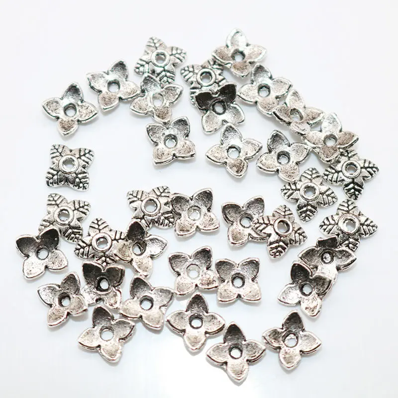 Silver Модная, 6 мм, 100 шт./лот, 4 лепестка в форме цветка, колпачки из бисера, металлические посеребренные бусины, концевые колпачки, Подвески для изготовления ювелирных изделий из бисера - Цвет: Silver