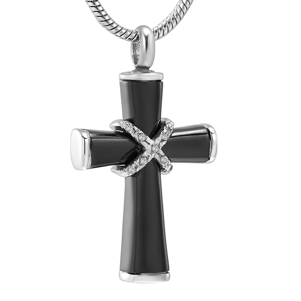 LKJ12235 инкрустация кристаллами сталь и черный крест ожерелье для кремации похорон
